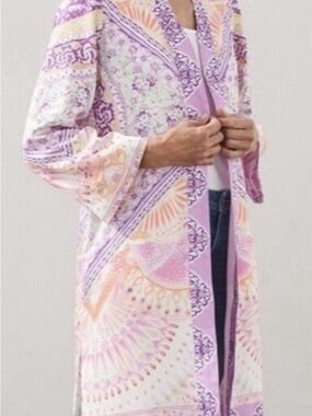 Chico's Pastel Lavender & Cream Printed Longline Kimono